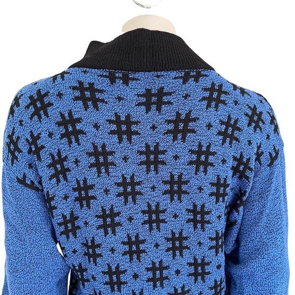 VTG 80s High Neck Drop Sleeve Hashtag Plus Sign Knit Sweater Blue Black SZ 6 - Picture 6 of 9